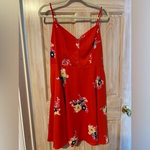 Red Multicolor Floral Dress with Faux Buttons size 14
